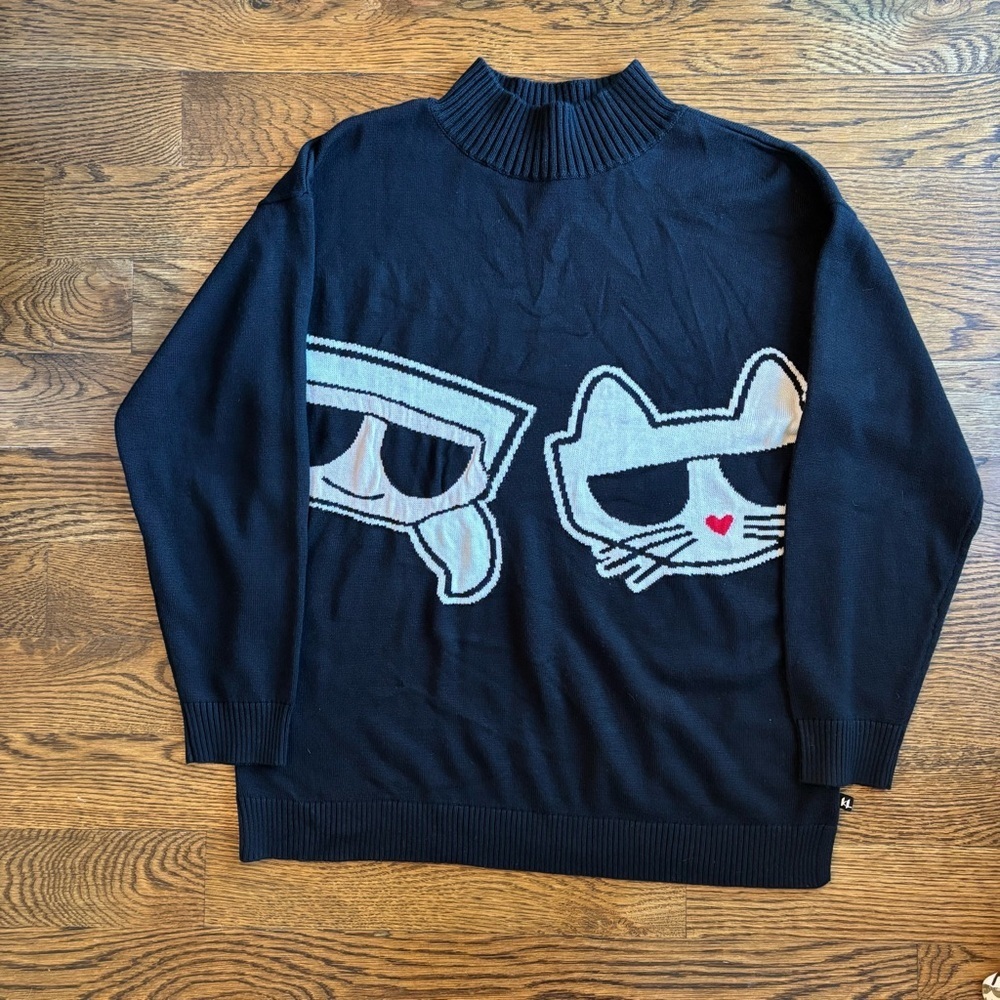 Karl Lagerfeld Paris Karl & Choupette Graphic Mock Neck Sweater Black Size M